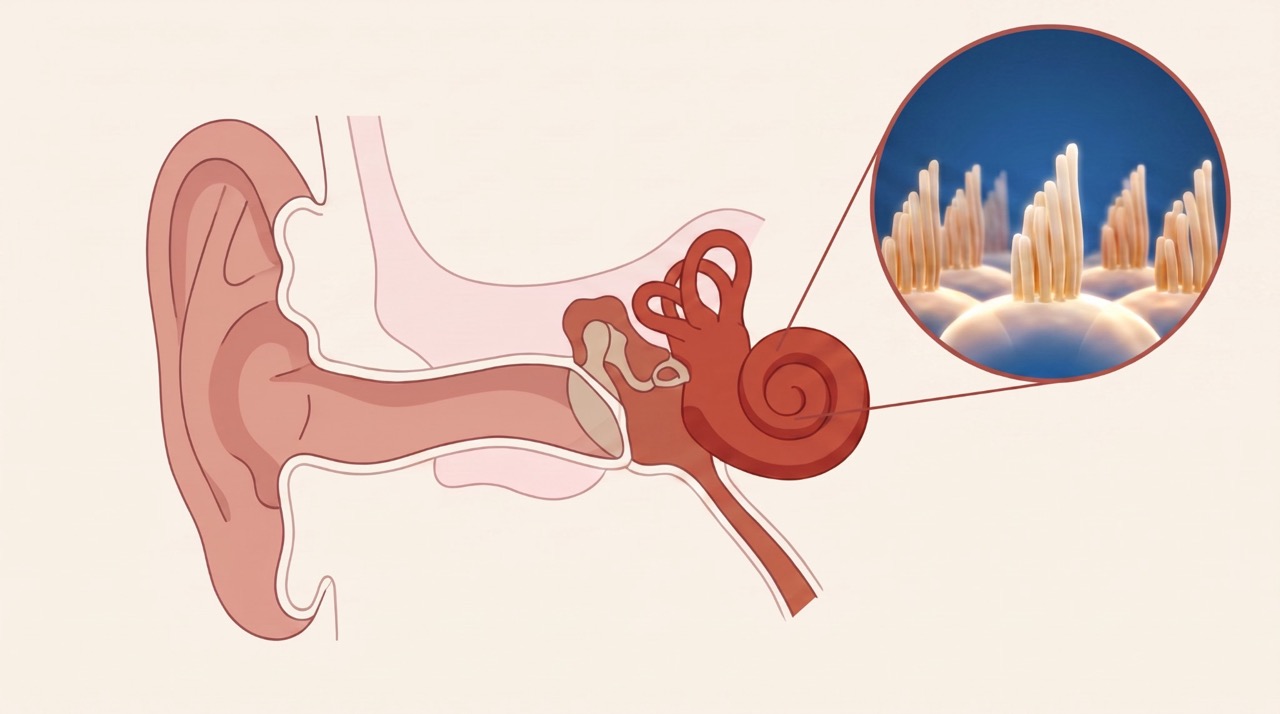 Illustration of the ear, cochlea, and microscopic hair cells