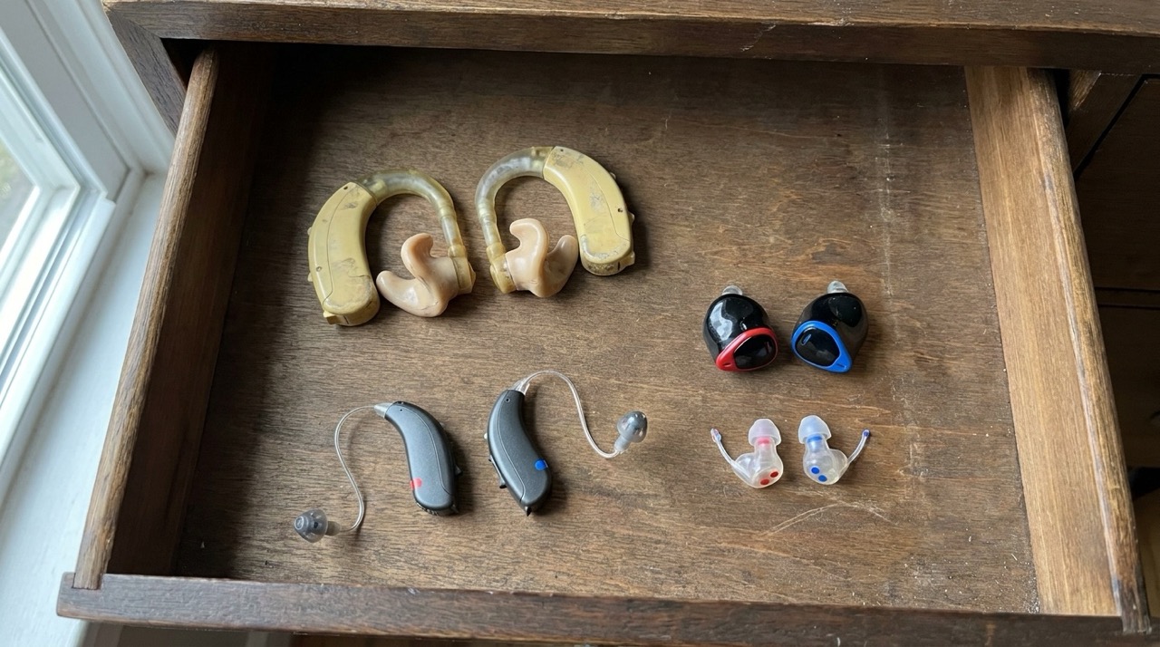 Several types of traditional hearing aids stored in a drawer