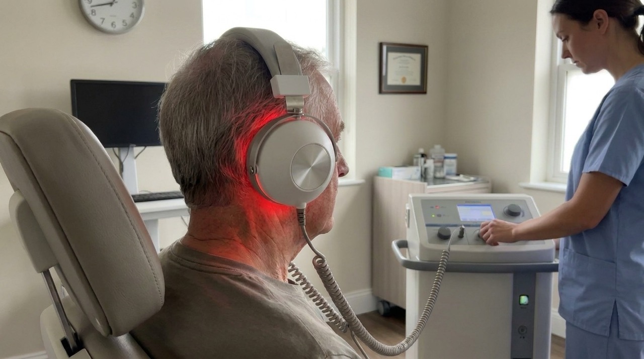 Older patient receiving red-light treatment near the ear