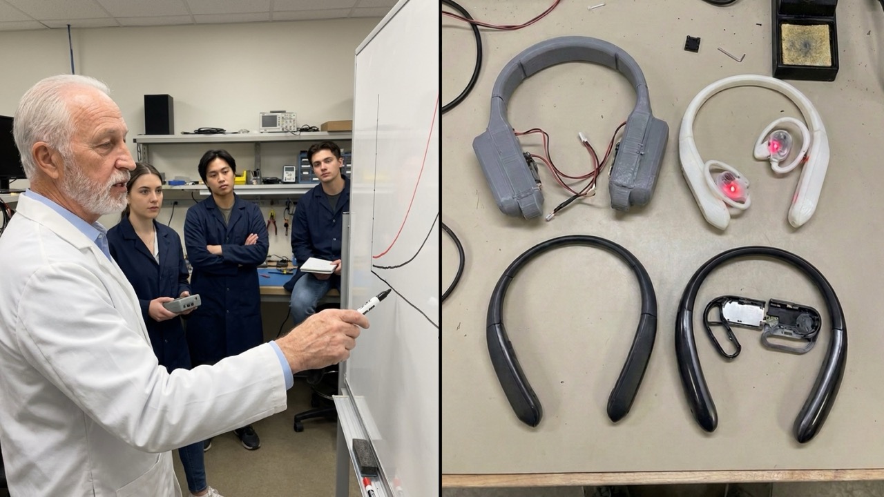Audiologist and engineering team developing a wearable red-light hearing device