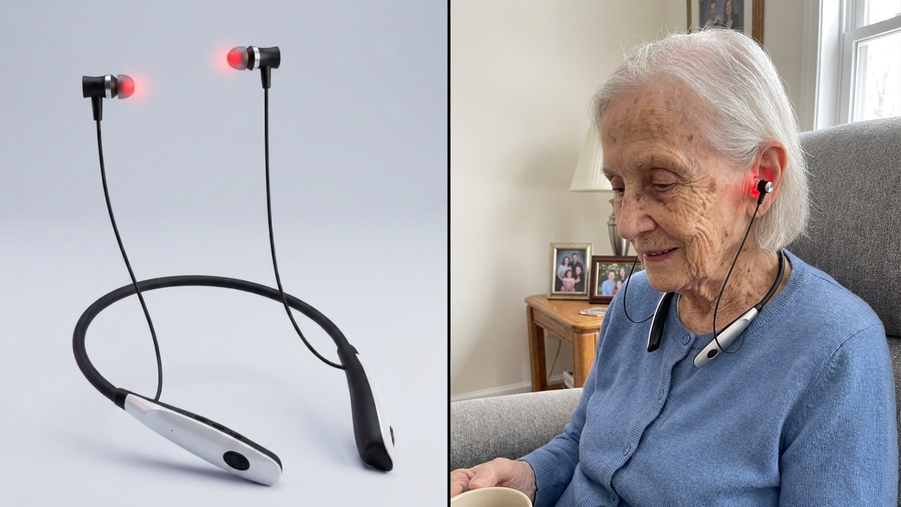 ReHears neckband device and an older woman using it at home