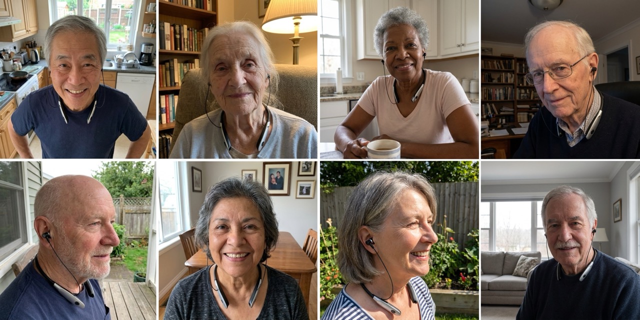 Eight older adults wearing ReHears in their homes