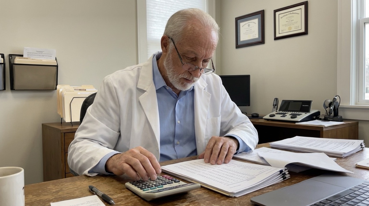 Audiologist reviewing treatment costs and paperwork