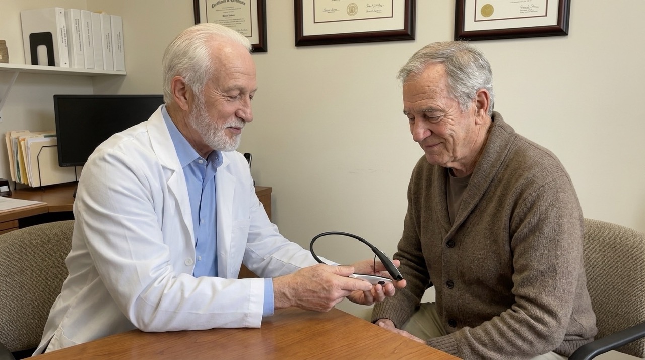 Audiologist showing the ReHears device to an older patient
