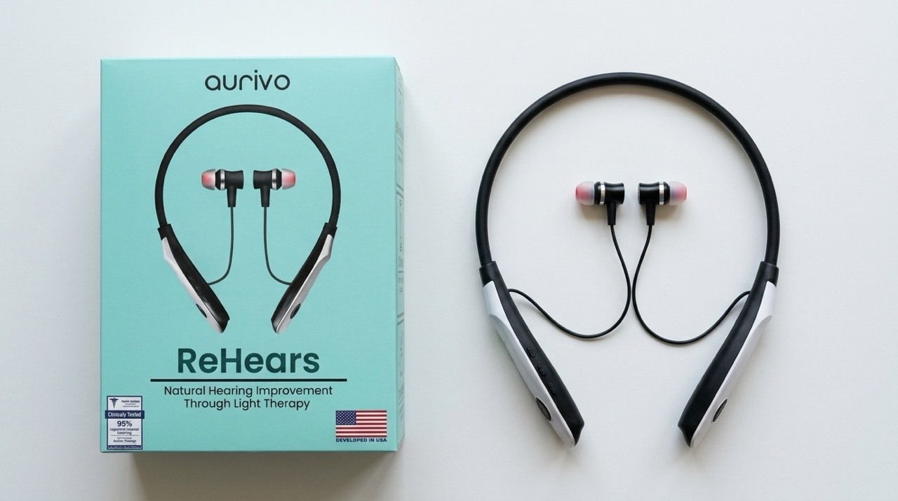 ReHears neckband device beside its packaging