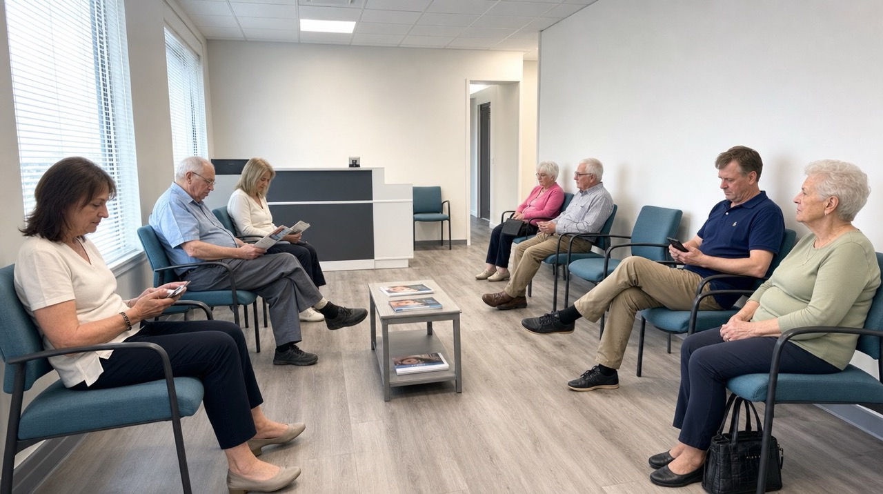 Older adults waiting in an audiology clinic reception room